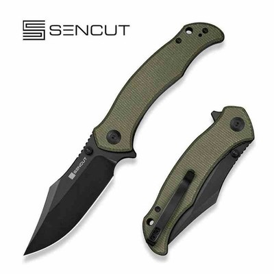 S250603 Sencut Tauron Pocket Knife D2 Black Blade Olive Green Canvas Micarta Han