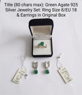 Green Agate 925 Silver Jewelry Set Ring Size 8/EU 18 & Earrings w/ Original Box