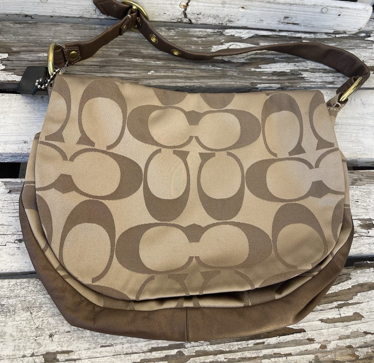 COACH Ali Signature Sateen Flap Hobo Bag Khaki Brown Leather Trim