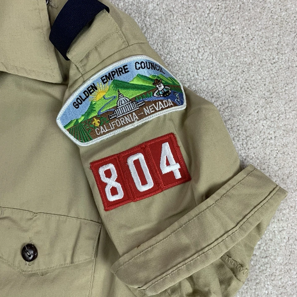 Camisa masculina vintage escoteiros cáqui média bronzeada botões adesivos uniforme BSA - Imagem 4 de 4