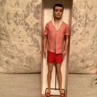 Vintage 1960's Mattel Ken Flocked Hair in Original Swimsuit Jacket Sandals Stand