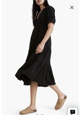 Madewell Lightspun Button-Front Tiered Midi Dress in True Black Size 00 Bohemian