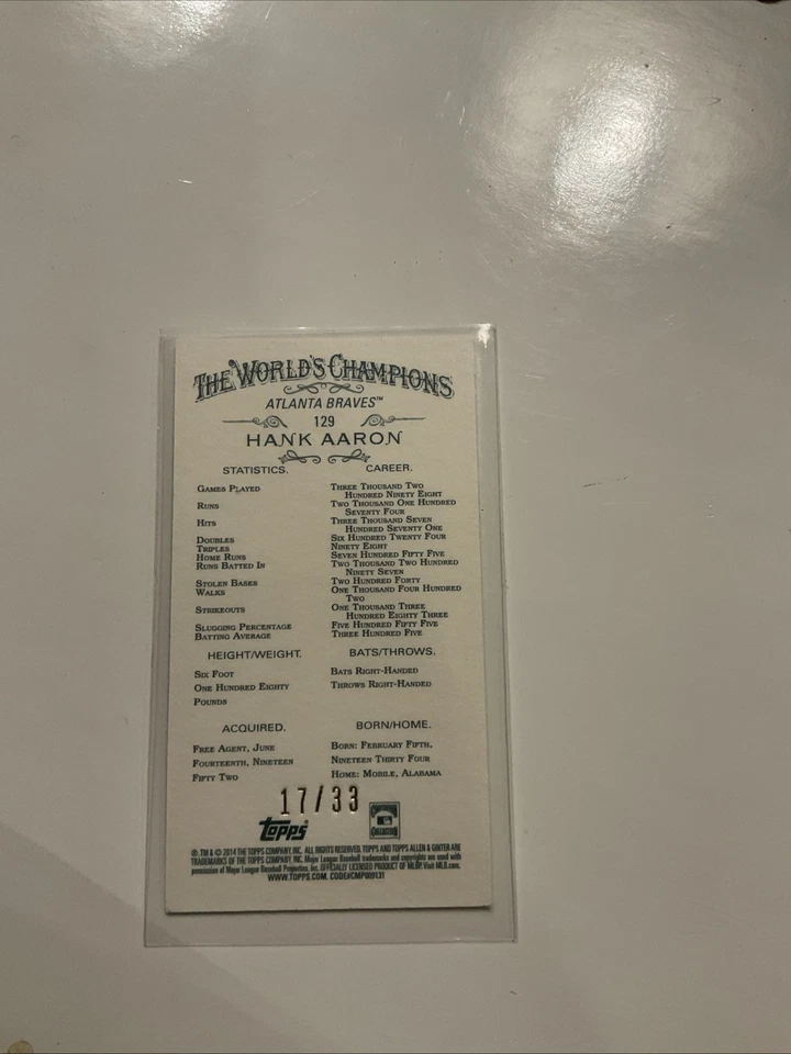 2014 Allen & Ginter Red Border Hank Aaron #17/33 Only 33 Exist  - Image 2 of 3