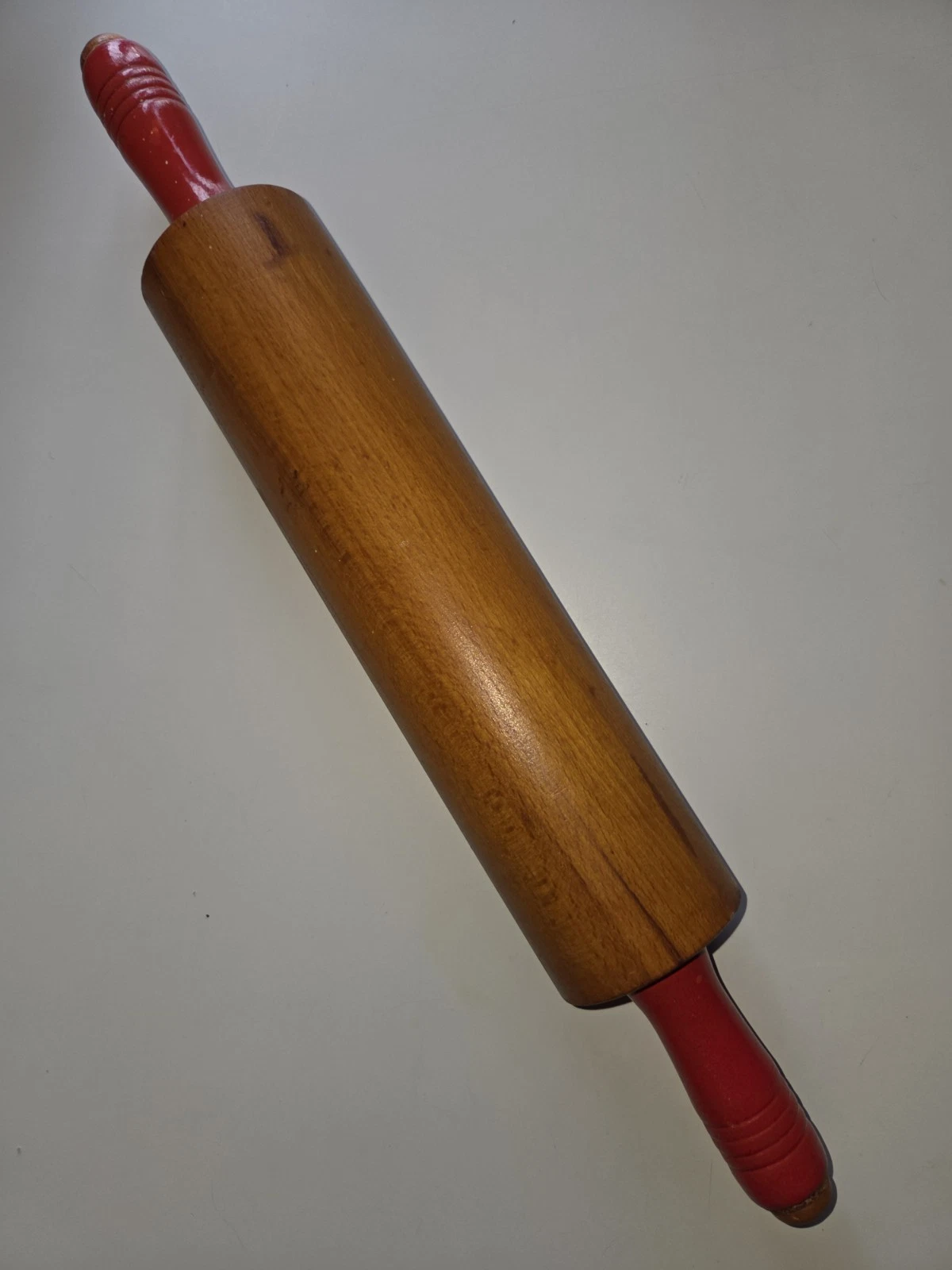 Vintage Rustic Wood Wooden Rolling Pin With Red Handles 17"