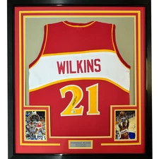 FRAMED Autographed/Signed DOMINIQUE WILKINS 33x42 Atlanta Red Jersey PSA/DNA COA