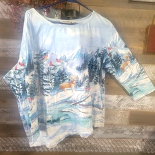 Collections Etc Holiday Cardinal Bird Snow Deer  Bling  Top Size XL casual Blue