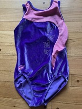 GK ELITE Leotard AS Purple Velour Pink Holographic Silver Butterflies Small