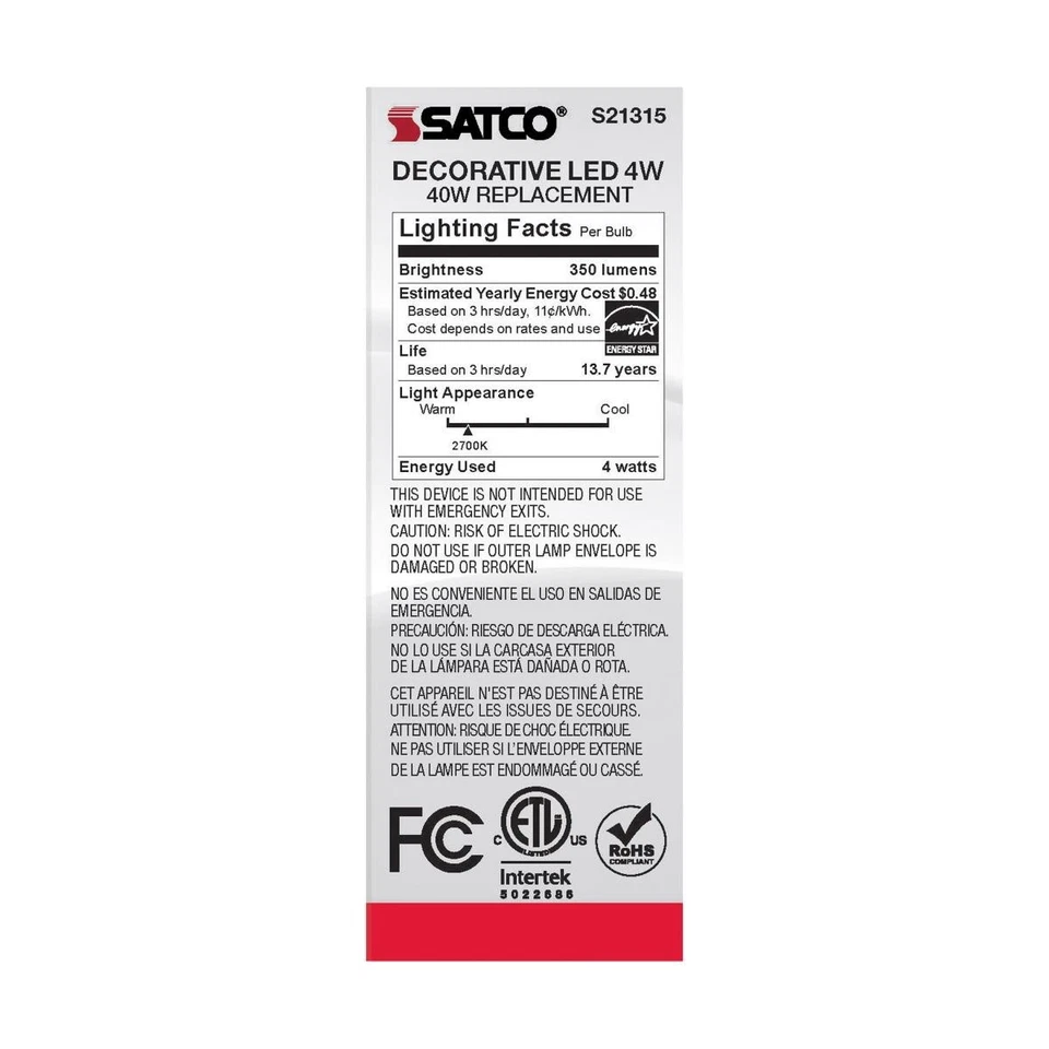 Satco S21315 - 4 Watt LED CA10 Decorative Light bulbs- 2700K - 6 Pack - Image 4 of 4