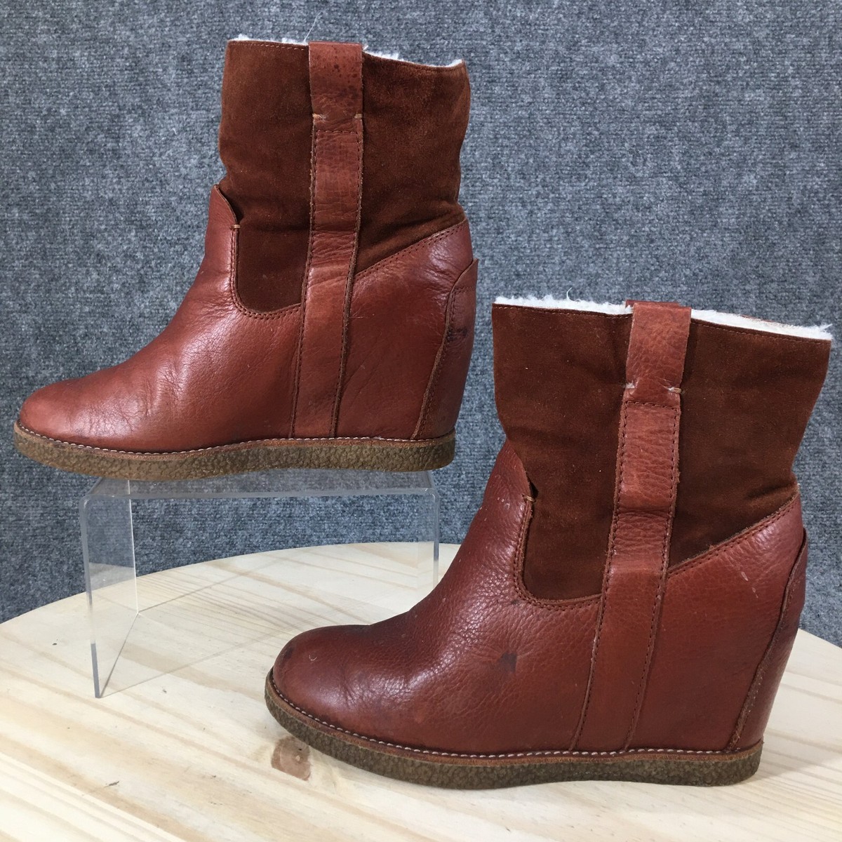 Dolce Vita Boots Womens Bootie Brown Leather Faux Fur Pull On Wedge  Ankle