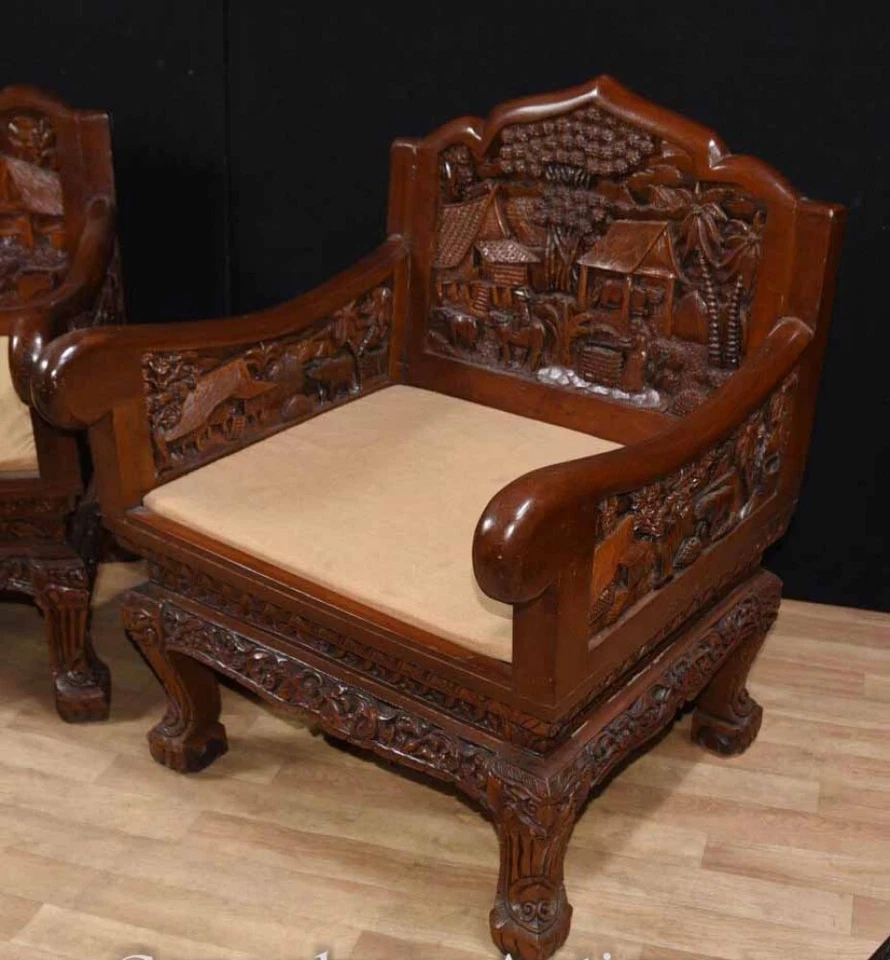 Hand Carved Chinese Hardwood Chairs and Coffee Table Set - Image 3 of 4