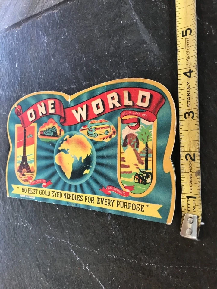 Antiguo soporte de aguja publicitaria de cartón One World "Mejores agujas de ojos dorados" Foto 2 de 4