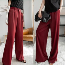 Women Chiffon Pants Wide Leg Trousers Satin Long High Waist Office Work Wear