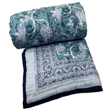 Indian Cotton Reversible Quilt Block Print Coverlet Traditional Blanket NSQ002