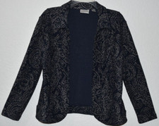 Chicos 1/Med Jacket Blazer Stretch Open Front Navy/Silver Metallic Long Sleeve