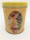 Vintage Coca-Cola Lidded Tin Cannister  - Lady Holding Coke - VTG Gimbels