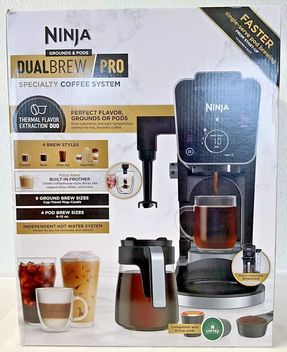 Ninja CFP301 DualBrew Pro Specialty 12-Cup Drip Maker with Glass Carafe,  Single-Serve Grounds, compatible with K-Cup pods, with 4 Brew Styles,  Frother & Separate Hot Water System, Black 