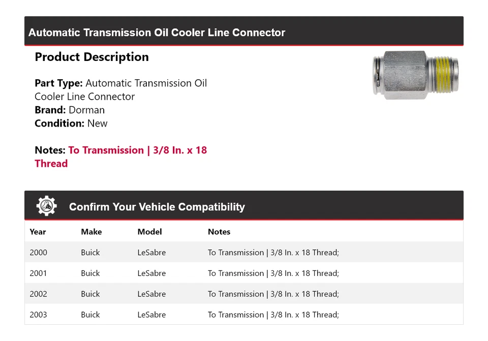 Conector de línea de enfriador de aceite 2001 2002 para Buick LeSabre Dorman AT 2000-2003 Foto 2 de 4