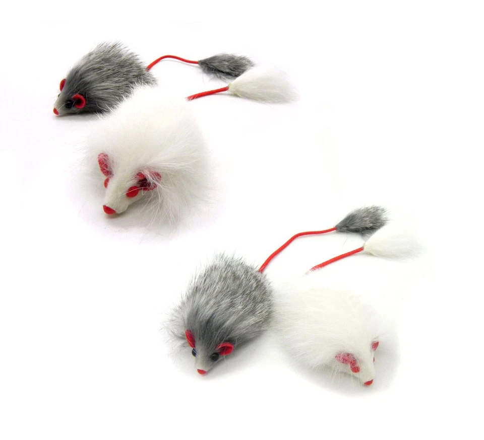 KATS'N US® Real Rabbit Fur Long Hair Mouse with elastic tail Cat Toy - 4pk