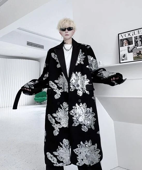 Men's Lapel Sequins Long Coat Wool blend Jacket Outwear Winter Loose Parka  - Image 3 of 4