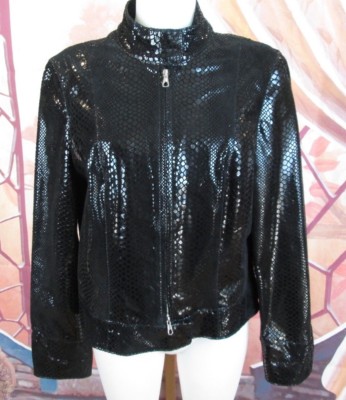 New Betty Barclay Leather Black Snakeskin Design Women's Jacket Coat US Size 12