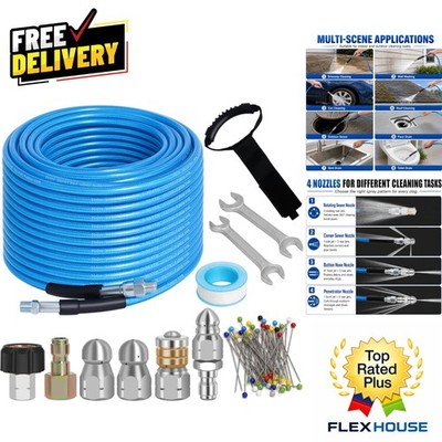 Complete 100 FT Drain Cleaner Kit with 4 Nozzles for Effective Sewer Jetting