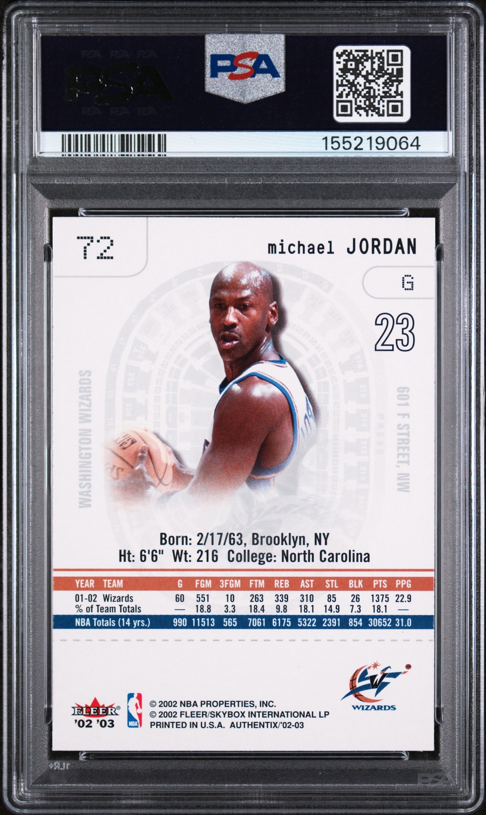 2002 Fleer Authentix #72 Michael Jordan PSA 10 Bulls HOF NBA Basketball Gem Mint view 2