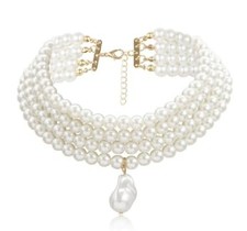 Pearl Choker Necklace for Women, Pearl Choker Necklace with Crystal Beads - Whit