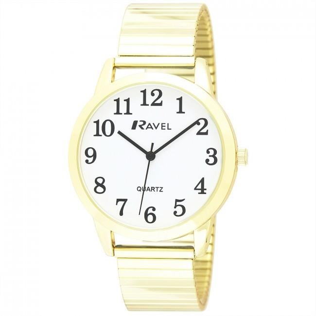 Men's Gold Expander Watch Easy Read Dial Bold Numbers Quartz Wrist White