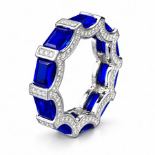 Simulated Sapphire CZ S925 Silver 18K Gold Plated Baguette Cut Eternity Ring
