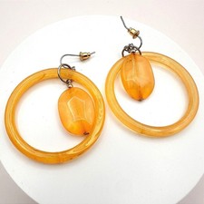 Vintage 80s Marbled Amber Resin Hoop Dangle Earrings Boohoo Chic Drop Jewelry