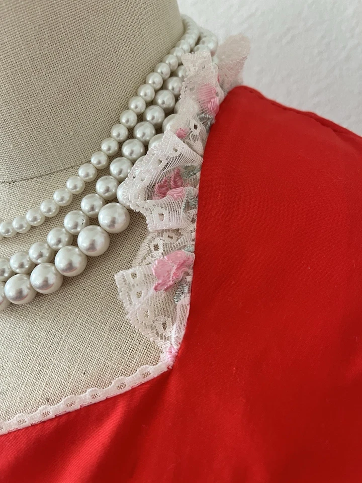 Vestido de Baile Cuadrado Rojo Vintage Años 70 Encaje Pradera Cottage Rockabilly Retro Talla S Foto 4 de 4