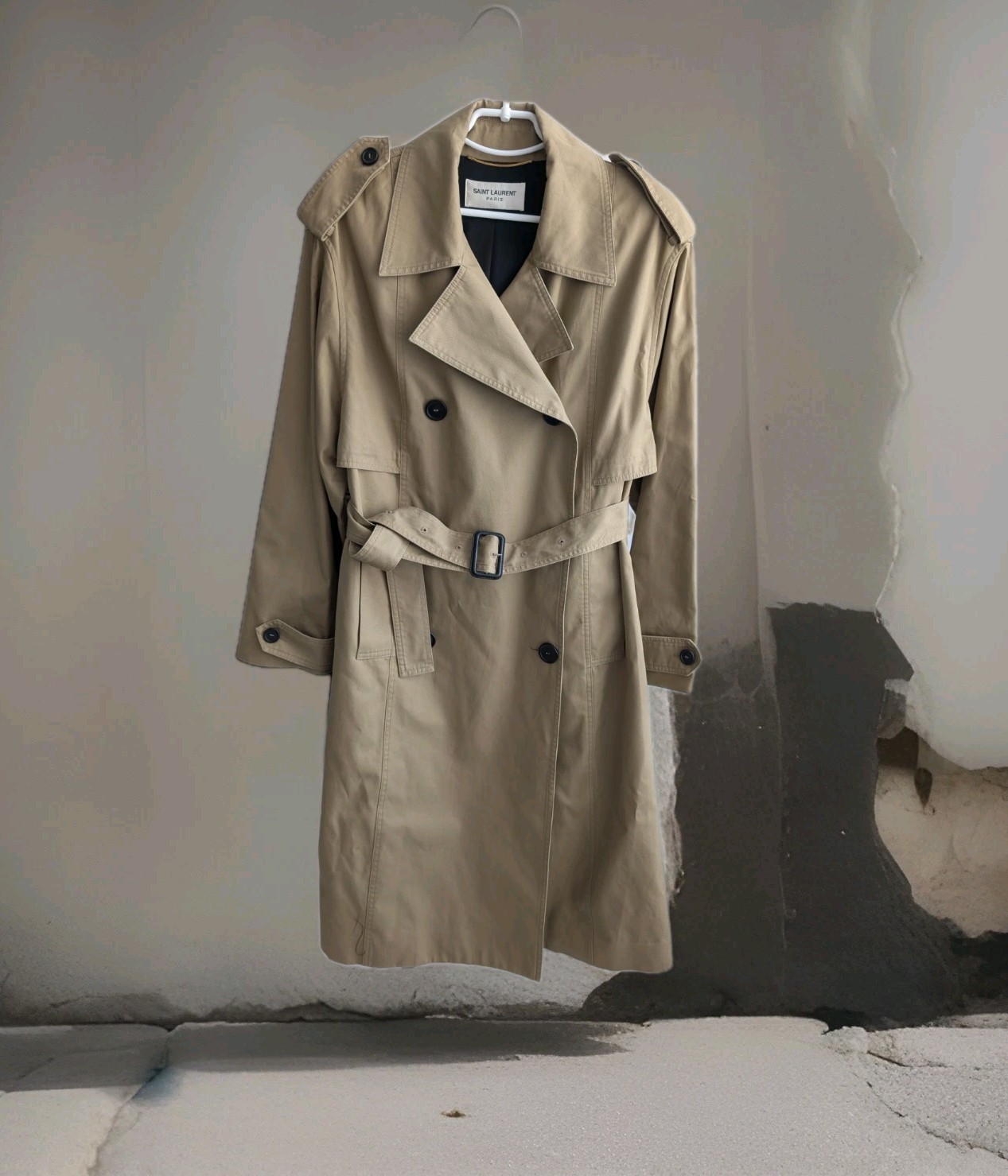 Giacca trench SAINT LAURENT oversize con cintura beige cotone doppiopetto