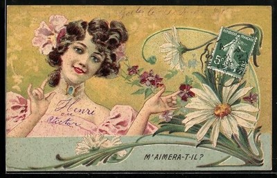 Künstler-AK Junge Dame mit rosaner Blüte im Haar im Jugendstil 