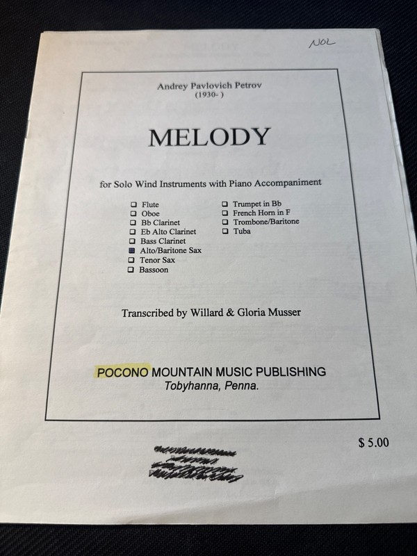 Melody for Alto/Bari Sax & Piano by Andrey Pavlovich Petrov Pocono Music Book