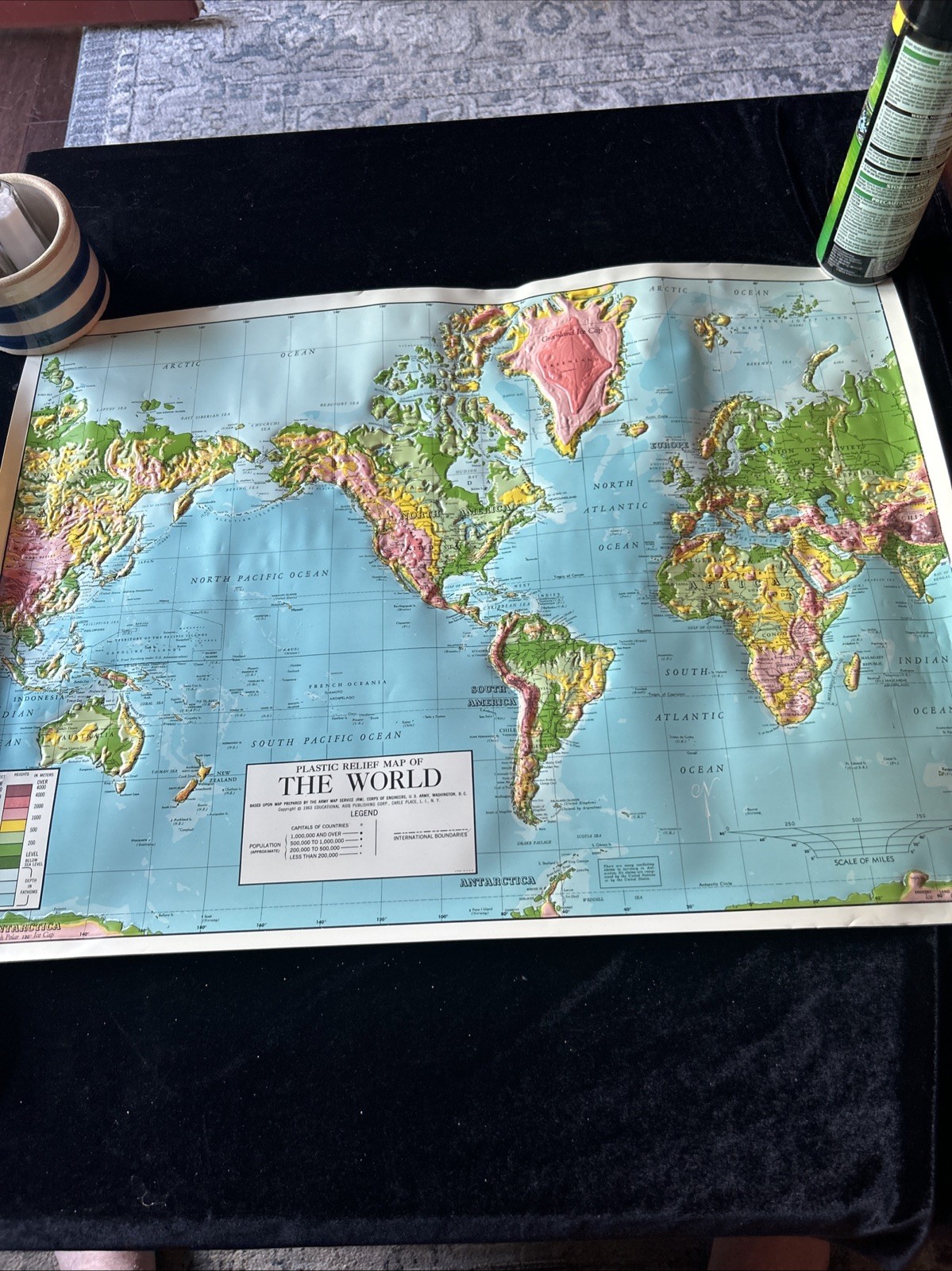 Vintage 3-D plastic relief map of “The World” U. S. Army Map 1963 20" x 27"