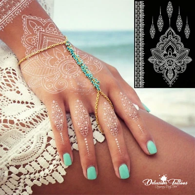 DELUSION TATTOOS TEMPORARY TATTOO WHITE HENNA, LOTUS FLOWER, PENDANT, LACE, HAND, WOMANS, GIRLS