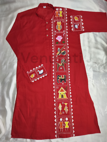 Hand painted Pure Cotton Kurta for Men's, Indian Style Men's Kurta Punjabi - Picture 1 of 5
