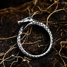 Stainless Steel Snake Ring with Green Eyes