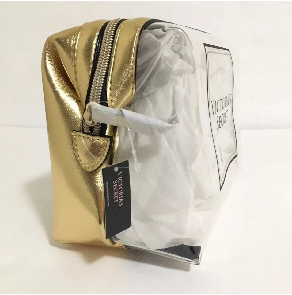 Bolsa de cosméticos de maquillaje Victoria's Secret metálica dorada transparente Foto 4 de 4