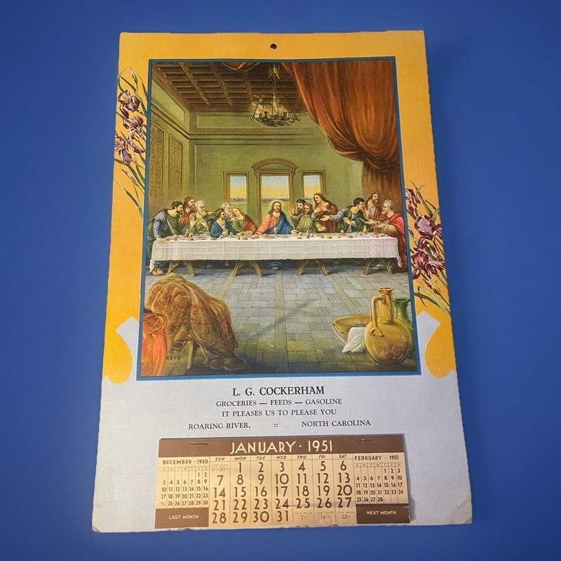 1951 ADVERTISING CALENDAR L.G. COCKERHAM GROCERY ROARING RIVER/ ELKIN  NC LORDS