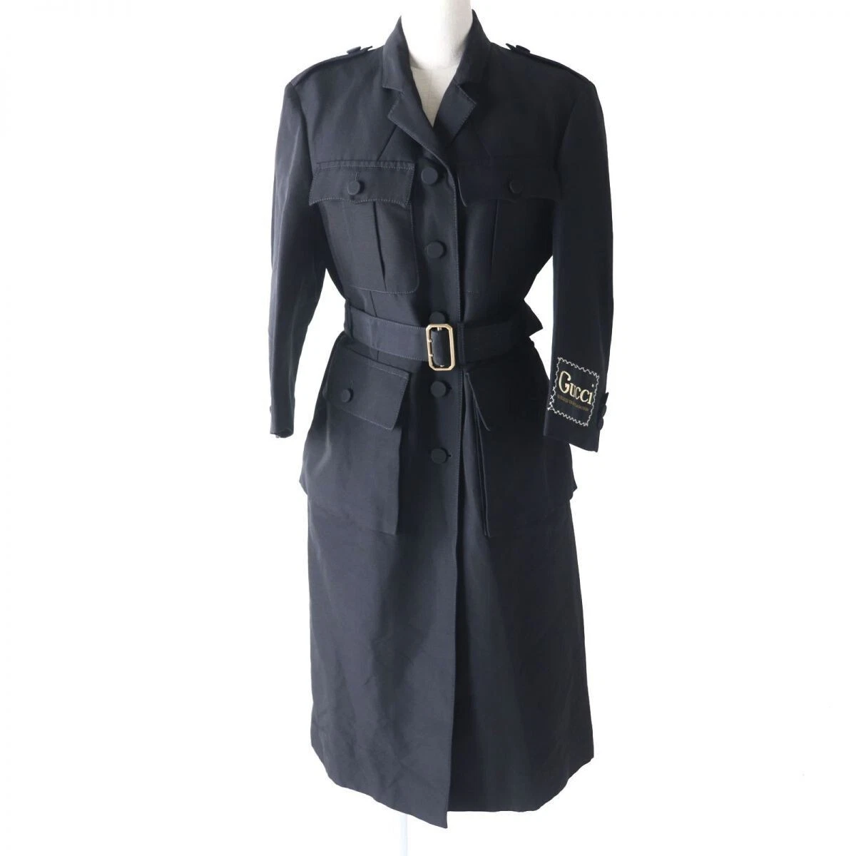 Manteau long ceinturé orné GUCCI 619324 noir doublure GG S