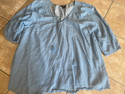 Lane Bryant 18 20 Light Cotton Tasseled Tunic Top Blue 