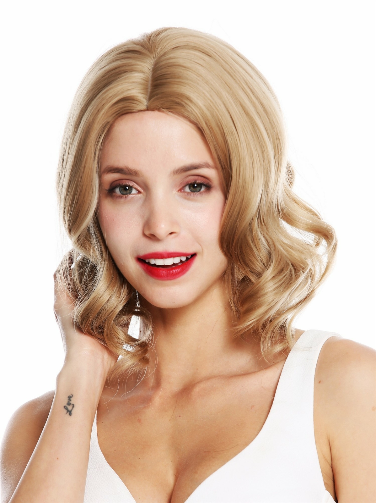 Wig Women Shoulder-Length Center Part Curly Tips Blonde Highlighted