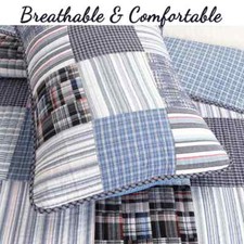 BEAUTIFUL BLUE DENIM NAVY WHITE RED GREY PLAID STRIPE CABIN PATCHWORK QUILT SET