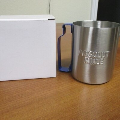 4  Absolut Vodka Moscow Mule Stainless Steel Mug w/Bottle Shaped Blue Handle NEW