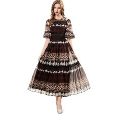 Occident Womens Beaded Round Neck Short Flare Sleeve Swing A Line Long Dress New