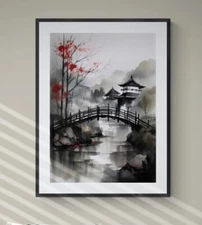 Traditional Japanese Village Watercolor Painting, Printable Wall Art