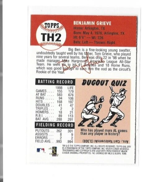 1999 Topps Gallery Heritage #TH2 Ben Grieve NMMT - Image 2 of 2