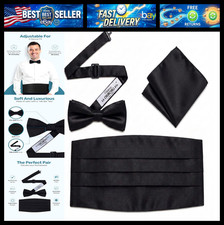 Men's Satin Cummerbund, Pre-Tied Bow Tie Pocket Square Set