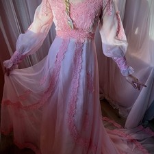 1960s Hand Dyed Pink Organza Victorian Style Wedding Gown